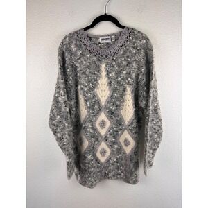 Vintage Grey Ivory Silver Knit Angora Wool Blend Sweater EU 38 apres ski